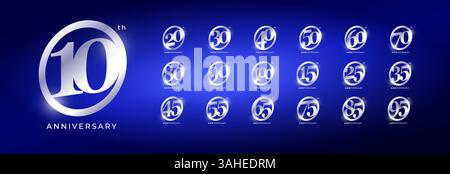 Silbernes Jubiläum-Logo-Set mit eleganten 3D-Zahlen von 10 bis 100 Jahren auf blauem Hintergrund, perfekt für Feiern und Meilensteine. Vektor Stock Vektor