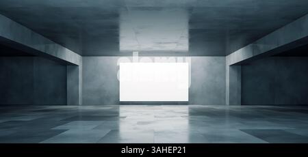 Abstraktes, modernes Zimmer aus Beton mit leerem weißem Banner Stockfoto