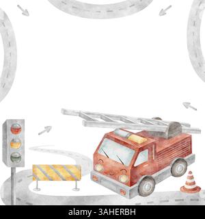 Rahmen Feuerwehrauto, Ampel, Straße, Schilder. Aquarellillustration Handzeichnung. Vorlagenquadrat im Cartoon-Stil isoliert auf Hintergrund für Stockfoto