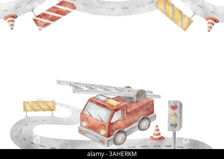 Rahmen Feuerwehrauto, Ampel, Autobahn, Schilder. Aquarellabbildung eines Autos. Rechteckige Vorlage im Retro-Stil auf Hintergrund für Design von Stockfoto