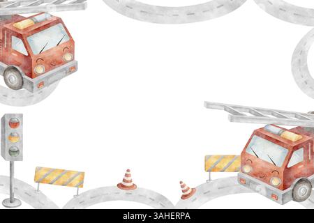 Feuerwehrfahrzeuge mit Aquarellrahmen, Ampeln, Straße, Schild. Kinderillustration des Autos. Rechteckige Vorlage im Vintage-Stil für Design von Stockfoto