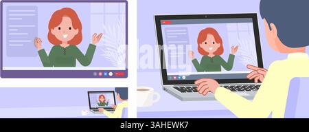 Eine rothaarige Frau, die einen Video-Chat hat. Vektorgrafik lässt sich so einfach bearbeiten. Stock Vektor