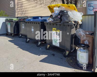 Moste, Ljubljana, SLOWENIEN – APRIL 2025: Eine Reihe öffentlicher Abfallcontainer in Slowenien, verschiedene Abfallarten, überfüllte Behälter Stockfoto