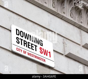 Straßenschild für Downing Street, City of Westminster, London SW1, England. Stockfoto