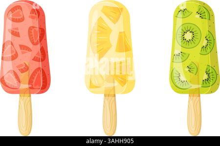 Fruchtige Eiszapfen, Erdbeere, Ananas und Kiwi. Handgezeichnete, flache, isolierte Abbildung. Perfekt für Dessertmenüs, Eisverpackungen, Kinderprodukte, Social Media Posts und Sommeressen. Stock Vektor