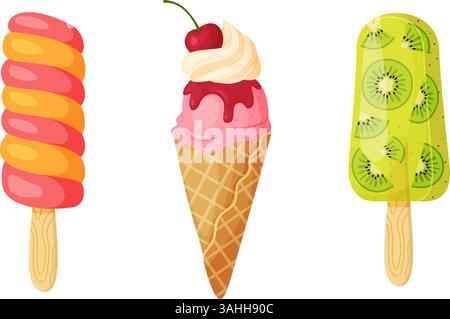 Köstliches Eis in Lagenform, Kirschwaffelkegel und fruchtiges Eis. Handgezeichnete flache, isolierte Illustration für Dessertmenüs, Eisverpackungen, Poster, soziale Medien, Sommerküche Stock Vektor