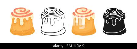 Zimtrolle oder Zimt-Symbol mit Glasur. Handgezeichnete runde Brötchen Bäckerei verschiedene Stile umreißen Silhouette Set. Perfekt für Bäckerei Branding, Menüs Rezeptbücher Cartoon Spiralgebäck strukturierte Vektor Stock Vektor