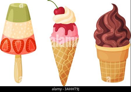 Köstliche Eissorten mit Eiswürfeln, Waffelkegel und Schokoladenkegel. Handgezeichnete flache, isolierte Illustration für Dessertmenüs, Eisverpackungen, Poster, soziale Medien, Sommerküche Stock Vektor