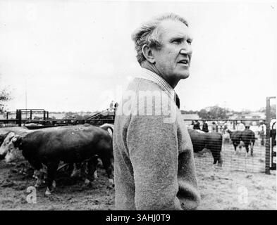 MALCOLM FRASER, der ehemalige australische Premierminister, der berüchtigt durch eine Verfassungskrise an die Macht katapultiert wurde, die die Nation bitter gespalten hatte, starb am Freitag in Canberra, Australien. Er war 84. Fraser war bis zum Ende im öffentlichen Leben aktiv und sein Tod schockierte die Nation. Sein Leben nach der Politik war von Menschenrechtsproblemen geprägt. IM BILD: 1. Juli 1978: Victoria, Australien: Der australische Premierminister MALCOLM FRASER springt während des Viehverkaufs auf seiner Farm in Hamilton in den Viehstall. (Bild: © KEYSTONE Pictures USA/ZUMAPRESS.com) Stockfoto