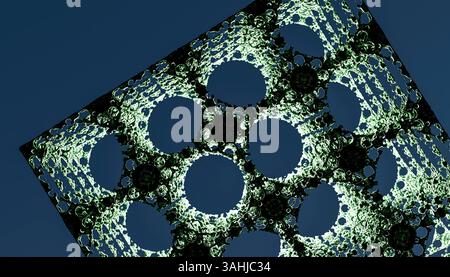 Kompliziertes geometrisches Muster mit kreisförmigen Ausschnitten auf einem blauen Verlaufshintergrund. 3D-Rendering Stockfoto