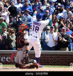 25. Mai 2017 – Chicago, IL, USA – der zweite Baseman Ben Zobrist der Chicago Cubs (18) feiert am Donnerstag, 25. Mai 2017 im Wrigley Field in Chicago, Illinois, seinen sechsten Heimlauf hinter dem Catcher der San Francisco Giants Buster Posey (Credit Image: © Brian Cassella/TNS Via ZUMA Wire) Stockfoto