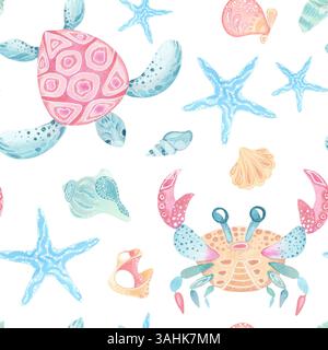 Nahtloses Meeresleben-Muster in Aquarellfarben. Zeichentrickdarstellung. Schildkröte, Krabben, Seesterne und Muscheln in Pastellfarben mit zarter Textur. Ideal für Kinder Stockfoto