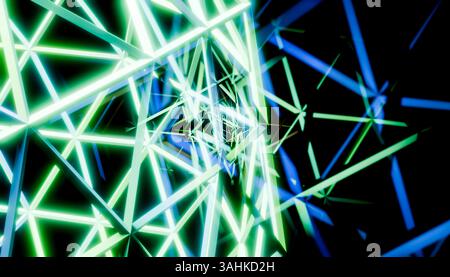 Neongrüne und blaue abstrakte geometrische Formen bilden einen Tunnel auf schwarzem Hintergrund. Abbildung des Mixers Stockfoto