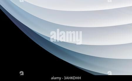 Abstrakte, wellige weiße und graue Schichten auf schwarzem Hintergrund in minimalistischem Design. 3D-Abbildung des Mixers Stockfoto