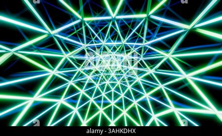 Neongrüner und blauer geometrischer Tunnel mit sich kreuzenden leuchtenden Linien. Abbildung des Mixers Stockfoto