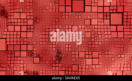 Abstraktes rotes Mosaikmuster mit verschiedenen quadratischen Größen auf strukturierter Oberfläche. 3D-Abbildung des Mixers Stockfoto