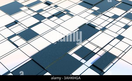 Abstraktes geometrisches Muster mit überlappenden blauen und weißen Rechtecken in einem 3D-Layout. 3D-Abbildung des Mixers Stockfoto
