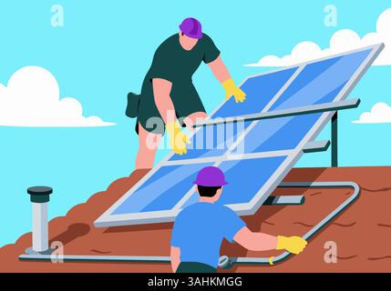 Abbildung: Zwei Arbeiter, die Solarpaneele auf einem Dach unter klarem blauem Himmel installieren. Stockfoto