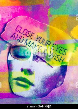 Konzeptuelle, selbst gemachte Collage-Kunst, die eine Person symbolisiert, die sich einen Wunsch macht Stockfoto