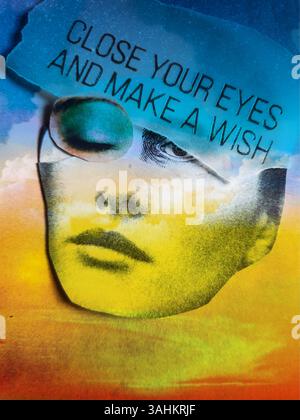 Konzeptuelle, selbst gemachte Collage-Kunst, die eine Person symbolisiert, die sich einen Wunsch macht Stockfoto