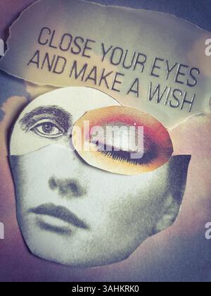 Konzeptuelle, selbst gemachte Collage-Kunst, die eine Person symbolisiert, die sich einen Wunsch macht Stockfoto