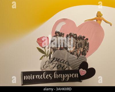 Konzeptuelle, selbst gemachte Collage-Kunst von Soldaten, die auf dem Weg zu Frieden und Freude sind. Mach mehr Liebe, lass den Krieg! - Mülheim-Ruhr, Deutschland, auf 05.04.2025 Stockfoto