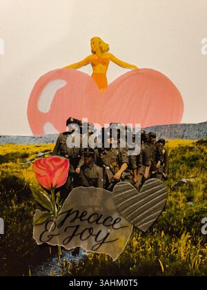 Konzeptuelle, selbst gemachte Collage-Kunst von Soldaten, die auf dem Weg zu Frieden und Freude sind. Mach mehr Liebe, lass den Krieg! - Mülheim-Ruhr, Deutschland, auf 05.04.2025 Stockfoto