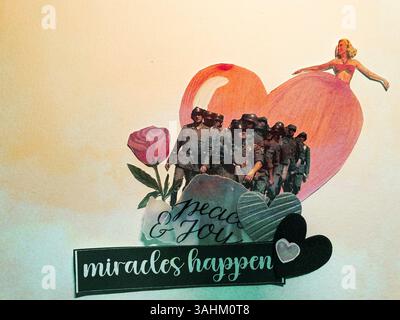 Konzeptuelle, selbst gemachte Collage-Kunst von Soldaten, die auf dem Weg zu Frieden und Freude sind. Mach mehr Liebe, lass den Krieg! - Mülheim-Ruhr, Deutschland, auf 05.04.2025 Stockfoto