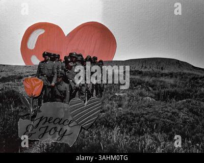 Konzeptuelle, selbst gemachte Collage-Kunst von Soldaten, die auf dem Weg zu Frieden und Freude sind. Mach mehr Liebe, lass den Krieg! - Mülheim-Ruhr, Deutschland, auf 05.04.2025 Stockfoto