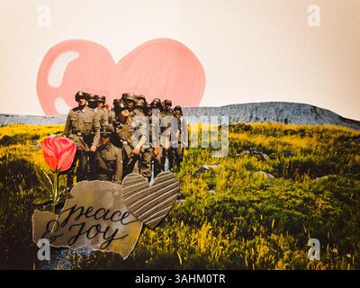 Konzeptuelle, selbst gemachte Collage-Kunst von Soldaten, die auf dem Weg zu Frieden und Freude sind. Mach mehr Liebe, lass den Krieg! - Mülheim-Ruhr, Deutschland, auf 05.04.2025 Stockfoto