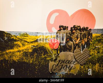 Konzeptuelle, selbst gemachte Collage-Kunst von Soldaten, die auf dem Weg zu Frieden und Freude sind. Mach mehr Liebe, lass den Krieg! - Mülheim-Ruhr, Deutschland, auf 05.04.2025 Stockfoto