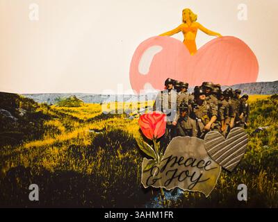 Konzeptuelle, selbst gemachte Collage-Kunst von Soldaten, die auf dem Weg zu Frieden und Freude sind. Mach mehr Liebe, lass den Krieg! - Mülheim-Ruhr, Deutschland, auf 05.04.2025 Stockfoto