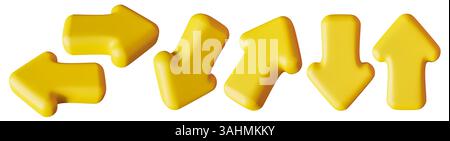 Leuchtend gelbe Pfeile in dreidimensionalem Stil zeigen verschiedene Richtungen. Diese Pfeile sind vor einem sauberen weißen Hintergrund isoliert, ideal für Stockfoto
