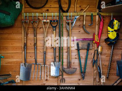 Verschiedene Gartenwerkzeuge und -Geräte, ordentlich in einem hölzernen Gartenschuppen angeordnet. Stockfoto