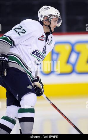 11. November 2011 - Calgary, Alberta, Kanada - Foto des WHL-Spielerprofils auf Burke Gallimore von Seattle Thunderbirds während eines aktuellen Spiels in Calgary. (Foto: © Larry MacDougal via ZUMA Wire) Stockfoto