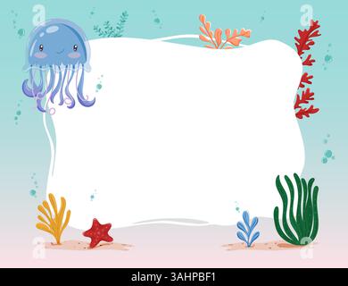 Vektorrahmen mit Quallen und Unterwasserpflanzen, isoliert auf weiß Stock Vektor