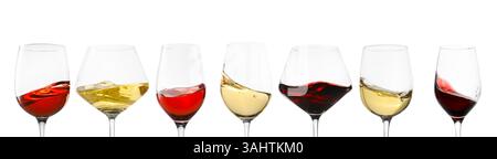 Verschiedene Weinsorten, die in Gläsern auf weißem Hintergrund spritzen, Set Stockfoto