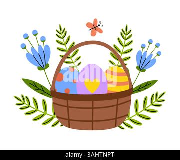 Farbenfroher Osterkorb gefüllt mit dekorierten Eiern und Blumen in lebhaftem Frühlingsdesign Stock Vektor