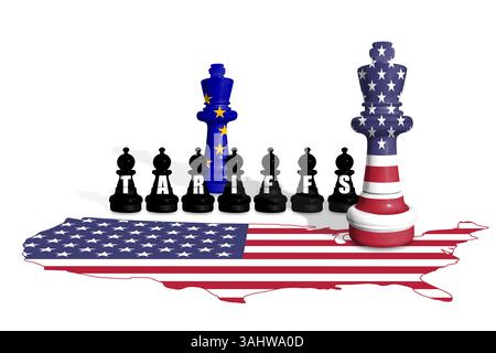 Schach aus US- und EU-Flaggen. Handel, Zölle und Zollkrieg in Europa und den USA Stockfoto