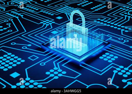 Blau leuchtendes Vorhängeschloss auf einem Computerchip, der wiederum auf einem elektronischen Motherboard liegt. Konzept der Cybersicherheit und des Online-Datenschutzes Stockfoto