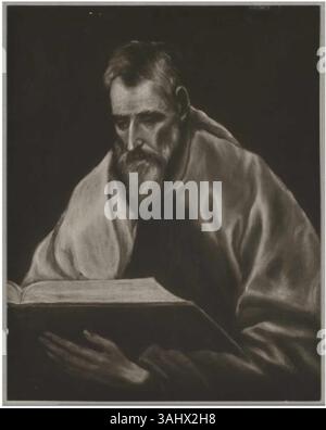 Dieses Porträt des Heiligen Simon, gemalt von El Greco um 1600, fängt den Apostel mit seinem charakteristischen dramatischen Stil ein. Das Gemälde spiegelt El Grecos religiöse Themen und die Verwendung ausdrucksstarker Farben und Formen wider. Stockfoto