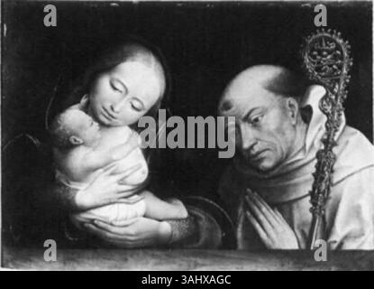 Ein Gemälde des Meisters der Magdalena-Legende aus den Jahren 1480 bis 1537, das die Jungfrau Maria mit dem Heiligen Bernhard darstellt. Dieses Werk veranschaulicht die frühen niederländischen Maltechniken. Stockfoto