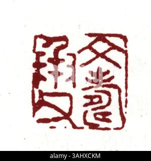 Ein vereinfachtes chinesisches Siegel, das traditionelle chinesische Kalligraphie und Kunstformen repräsentiert. Diese Siegel wurden historisch verwendet, um den Besitz und die Echtheit von Dokumenten oder Kunstwerken zu kennzeichnen. Stockfoto