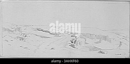 Diese Landschaftsstudie von Gustave Moreau, die zwischen 1850 und 1895 erstellt wurde, konzentriert sich auf die Aufnahme natürlicher Landschaften und die Aufmerksamkeit des Künstlers für Licht, Atmosphäre und Komposition. Stockfoto