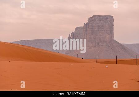 Panoramablick auf markante Red Sand Dünen und zerklüftete Felsformationen in der Wüste in der Nähe von Riad, Saudi-Arabien, unter einem weichen rosa Himmel. Stockfoto
