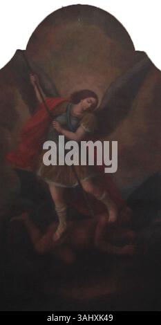 Filippo Castaldis „der heilige Michael besiegt den Satan“ ist eine Neuinterpretation von Raffael’ Komposition. Das Kunstwerk zeigt den Erzengel Michael, der über Satan triumphiert, eine klassische Darstellung von gut versus Böse und zeigt barocke Techniken. Stockfoto