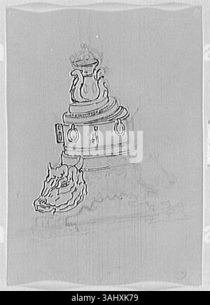 „Étude de Base ornée de têtes de taureau“ von Gustave Moreau ist eine Studie einer Basis mit Stierköpfen. Das zwischen 1850 und 1895 entstandene Kunstwerk reflektiert Moreas Erforschung klassischer Ornamente und tierischer Symbolik im Musée Gustave Moreau. Stockfoto