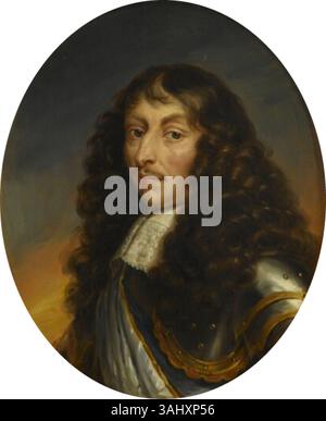 Jean-Pierre Franques Porträt von Louis II. De Bourbon, Grand Condé und seinem Sohn Henri-Jules, Herzog von Enghien, das um 1838–1839 gemalt wurde, spiegelt das Erbe der Bourbon-Familie wider. Das Ölgemälde im Schloss Versailles ist eine Kopie eines früheren Porträts von Justus van Egmont. Stockfoto