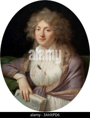 Porträt einer Dame von Adèle Romany (1769–1846) aus dem späten 18. Oder frühen 19. Jahrhundert. Das Motiv ist in einem weißen Kleid dargestellt, mit einem rosafarbenen Schal, Ohrringen und einem Buch, signiert und datiert auf der linken Seite. Das Ölgemälde auf Leinwand ist ein elegantes Beispiel für Porträtmalerei aus dieser Zeit. Stockfoto