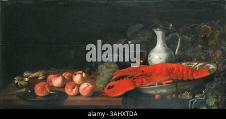 Abraham van Calraets Stillleben (um 1700) zeigt Hummer, Porzellan, Pfirsiche, Trauben und Muscheln, die niederländische Tradition des Stilllebens wird mit satten Details und lebendigen Farben präsentiert. Das Öl auf der Platte fängt die Schönheit alltäglicher Gegenstände in exquisiter Detailtreue ein. Stockfoto